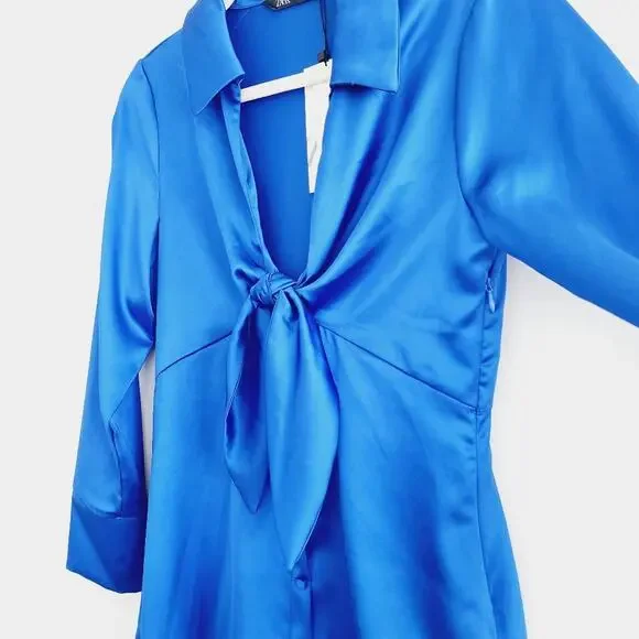 Zara Blue Satin Effect Long Sleeve Knotted Dress Lapel Collar Size Small - Picture 7 of 9
